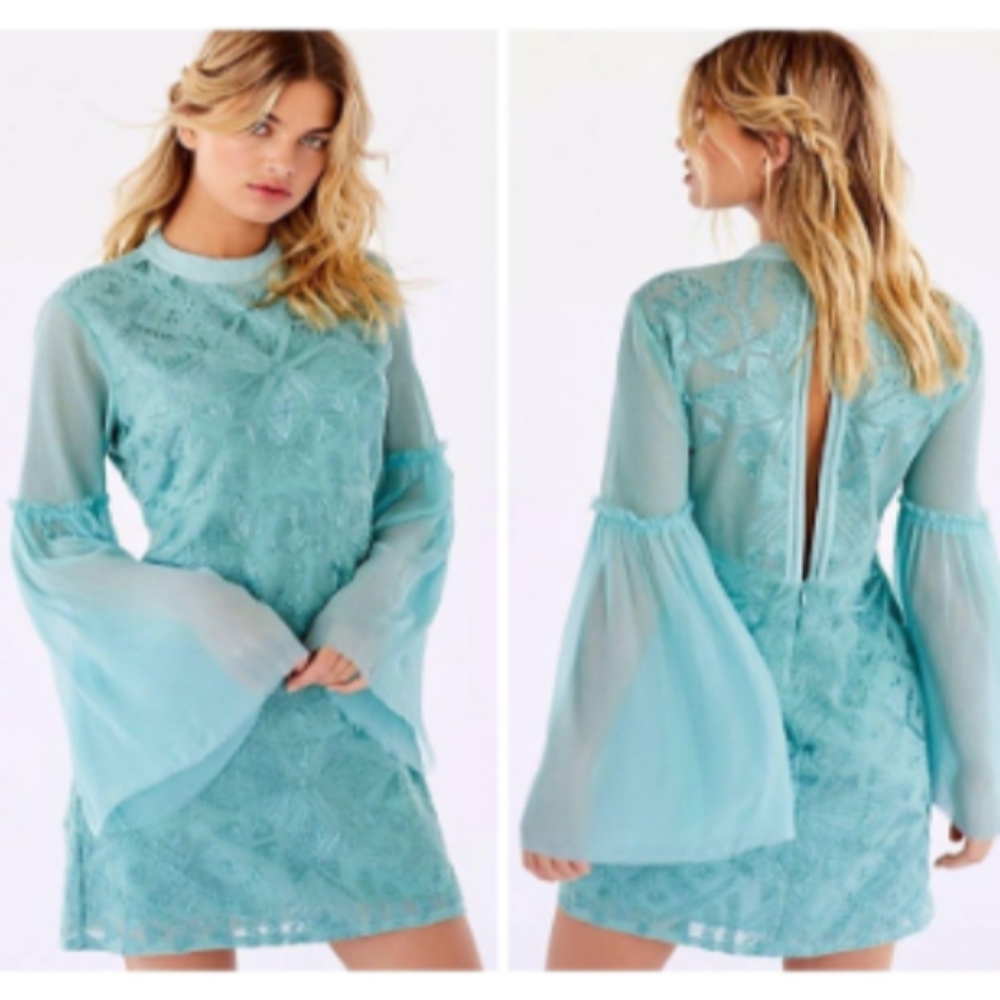 Free People Cleo Aqua Embroidered Lace Party/Cocktail Mini
